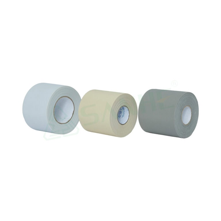 Three rolls of cable tape in white, beige, and gray colors, used for insulation and bundling in HVAC systems.